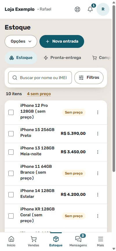 Tela Estoque com IMEI do CellPro