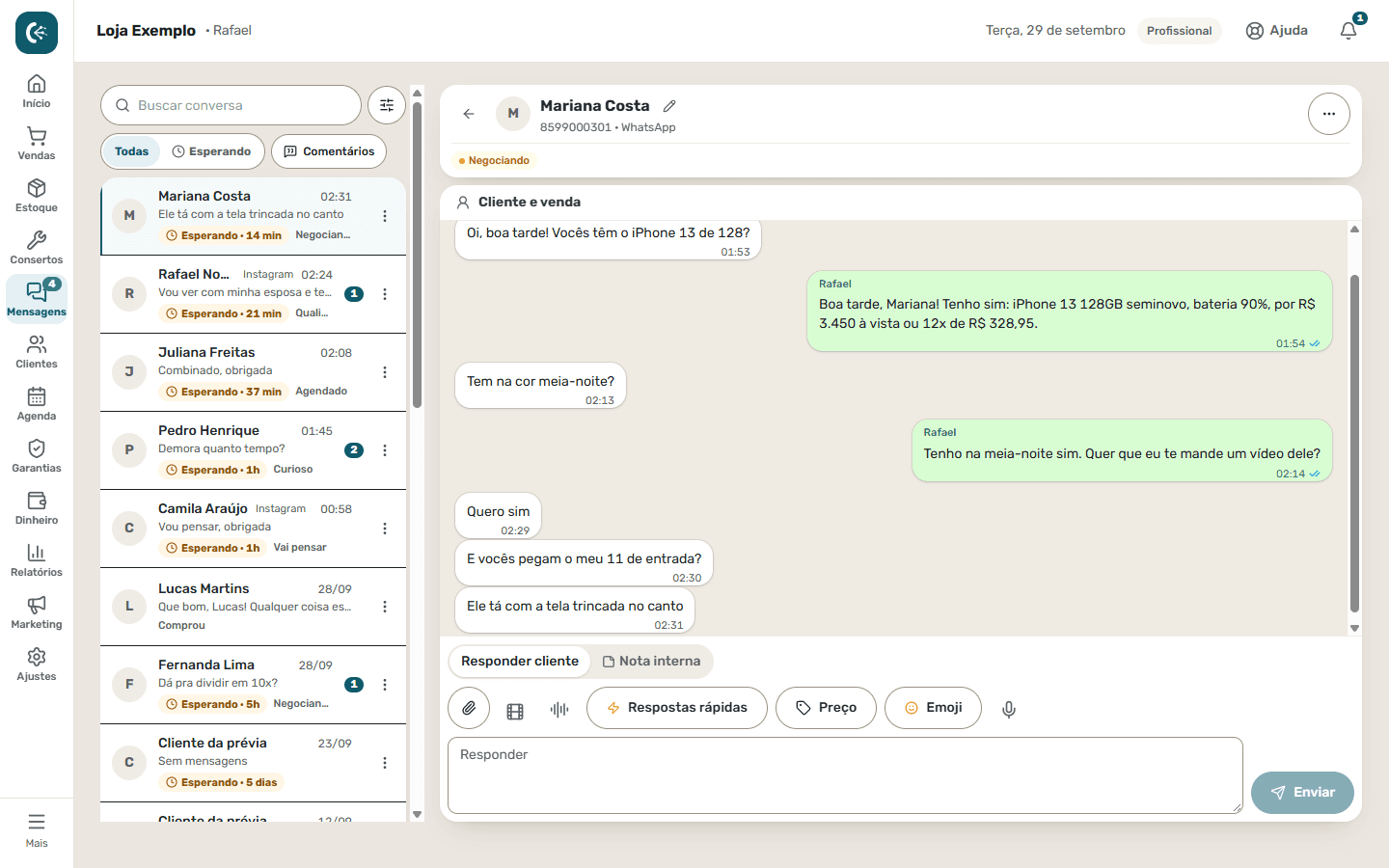 A conversa do WhatsApp dentro do CellPro, no computador
