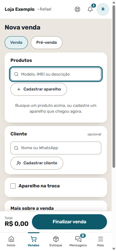 Tela Venda com troca e parcelas do CellPro